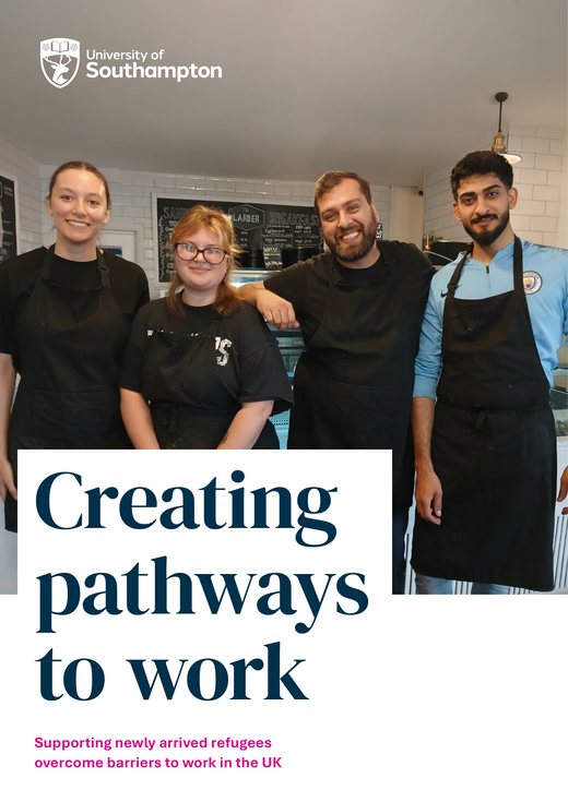 Cover of Carolynn Low's policy brief, Creating pathways to work, showing four smiling people in aprons in a café.