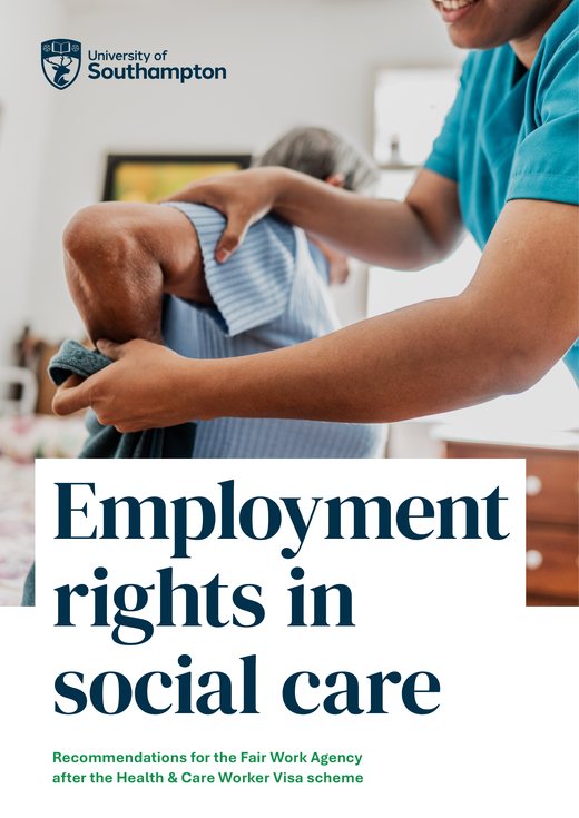 Cover of Kezia Pugh's policy brief, Employment rights in social care, showing a care worker helping an older person dress.